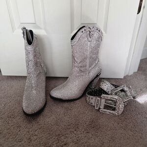 Dolls Kill Silver Crystal Western Ankle Boots with Matching Belt
